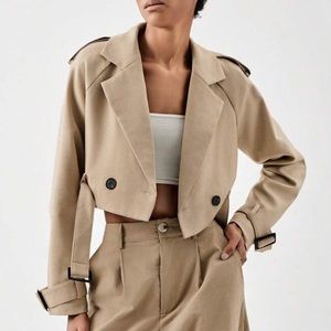 Tan Double Breasted Buckle Belted Cropped Trench Coat